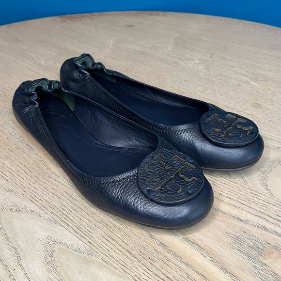 Tory Burch Minnie Pebbled Leather Ballet Flats Navy Blue Travel Women’s Size 9.5 - Picture 3 of 8